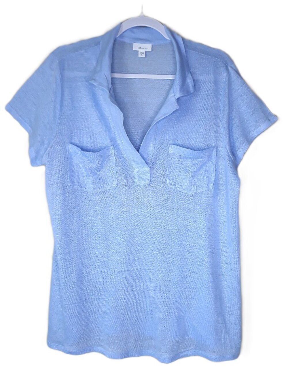 J. Jill Love Linen Johnny Collar Polo Top Medium Tall Light Blue
